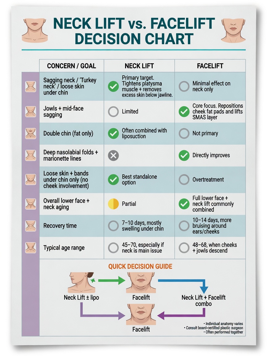 ** Decision flowchart showing visual signs for neck lift or facelift