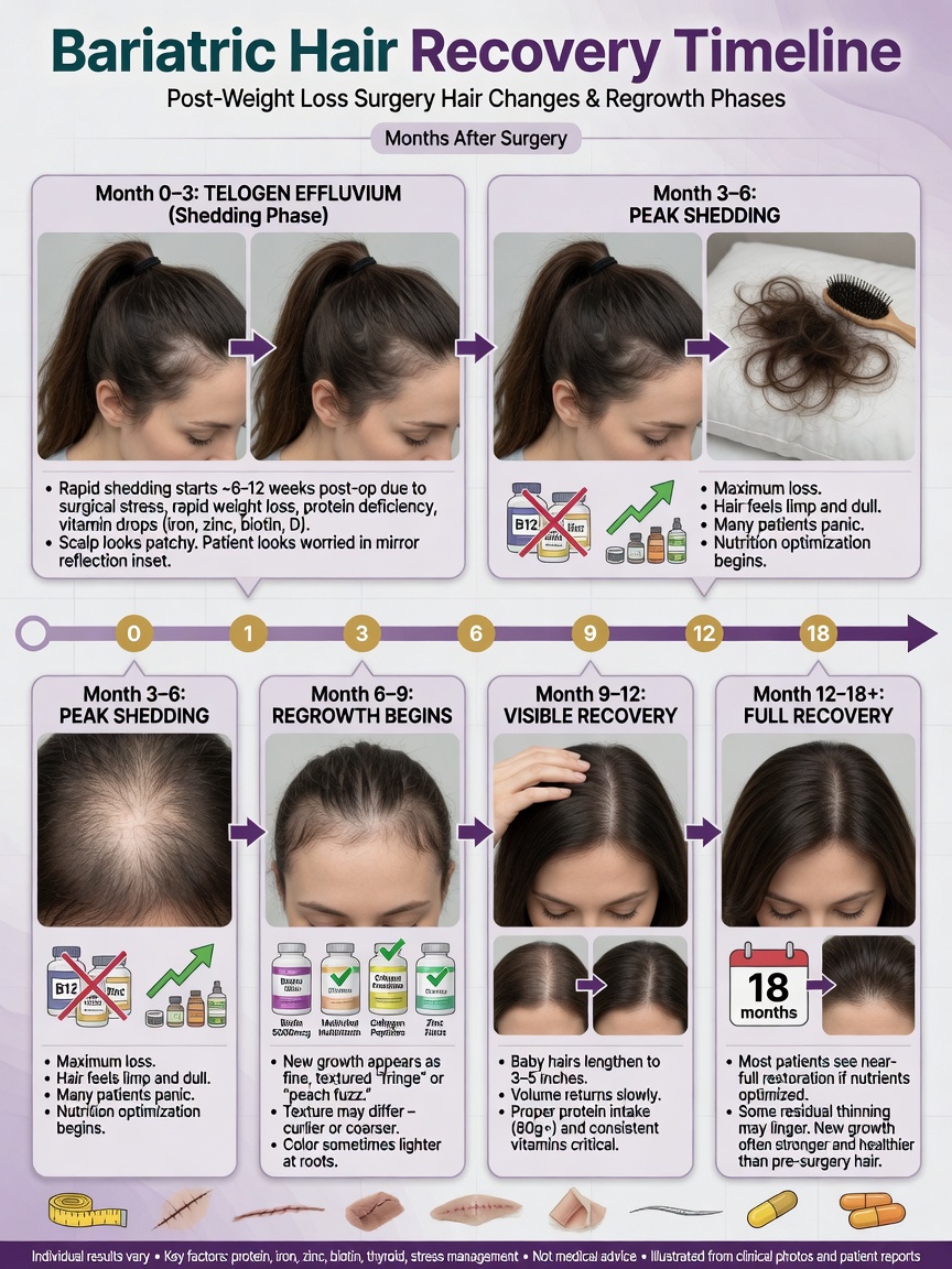 Timeline of hair loss after bariatric surgery showing three phases over 12 months