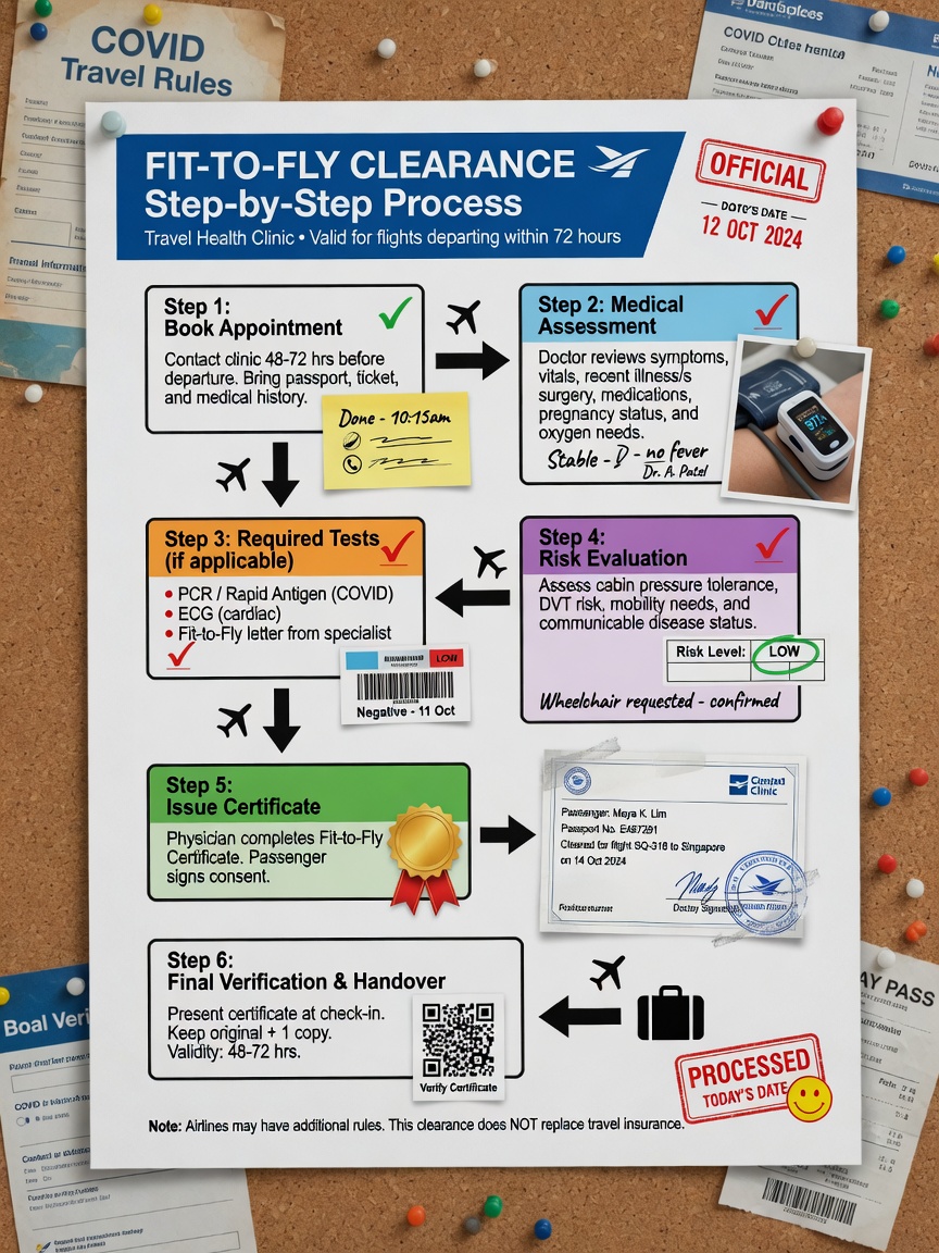 ** Flowchart showing 5 steps to obtain medical clearance after surgery: book appointment
