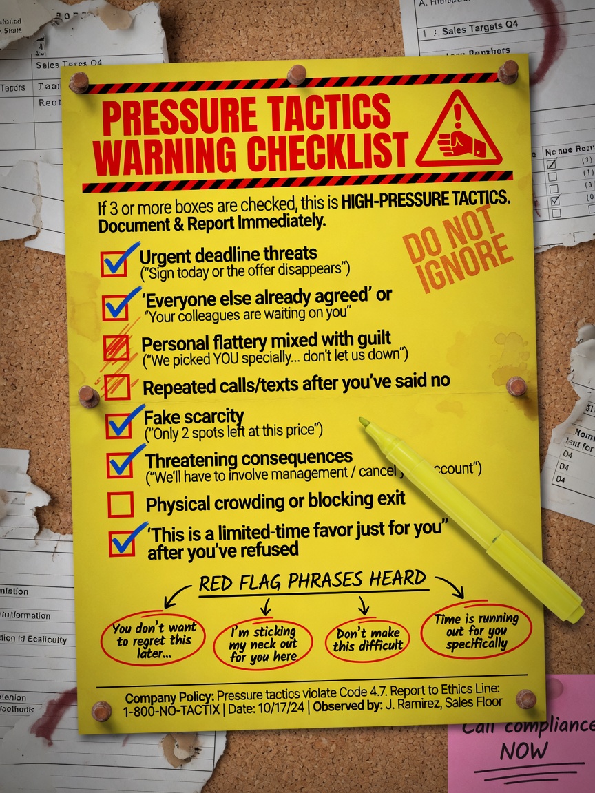 ** Checklist infographic showing high-pressure sales tactics to avoid in overseas surgery marketing