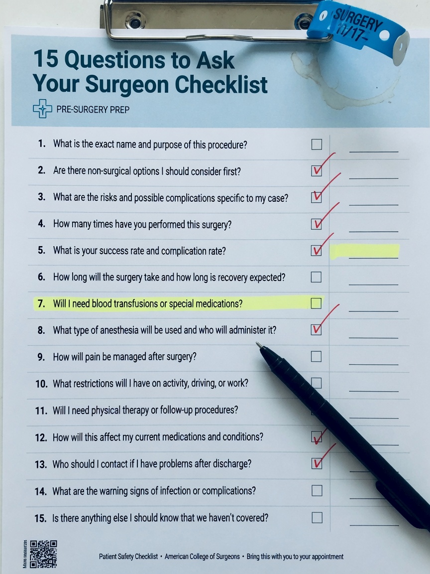 ** Checklist infographic with 15 essential questions for your robotic prostatectomy surgeon consultation in Thailand