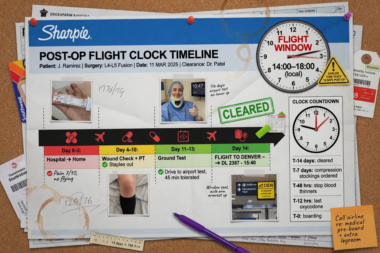 ** Infographic showing Post-Op Flight Clock with three phases: Immediate (1-7 days)