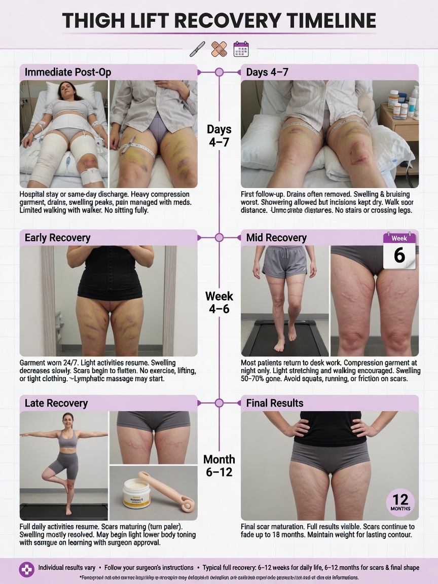 ** Week-by-week guide to thigh lift recovery in Thailand showing mobility