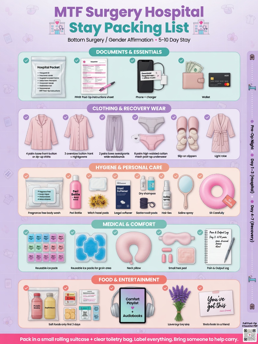 ** Printable packing checklist for MTF bottom surgery hospital stay in Thailand