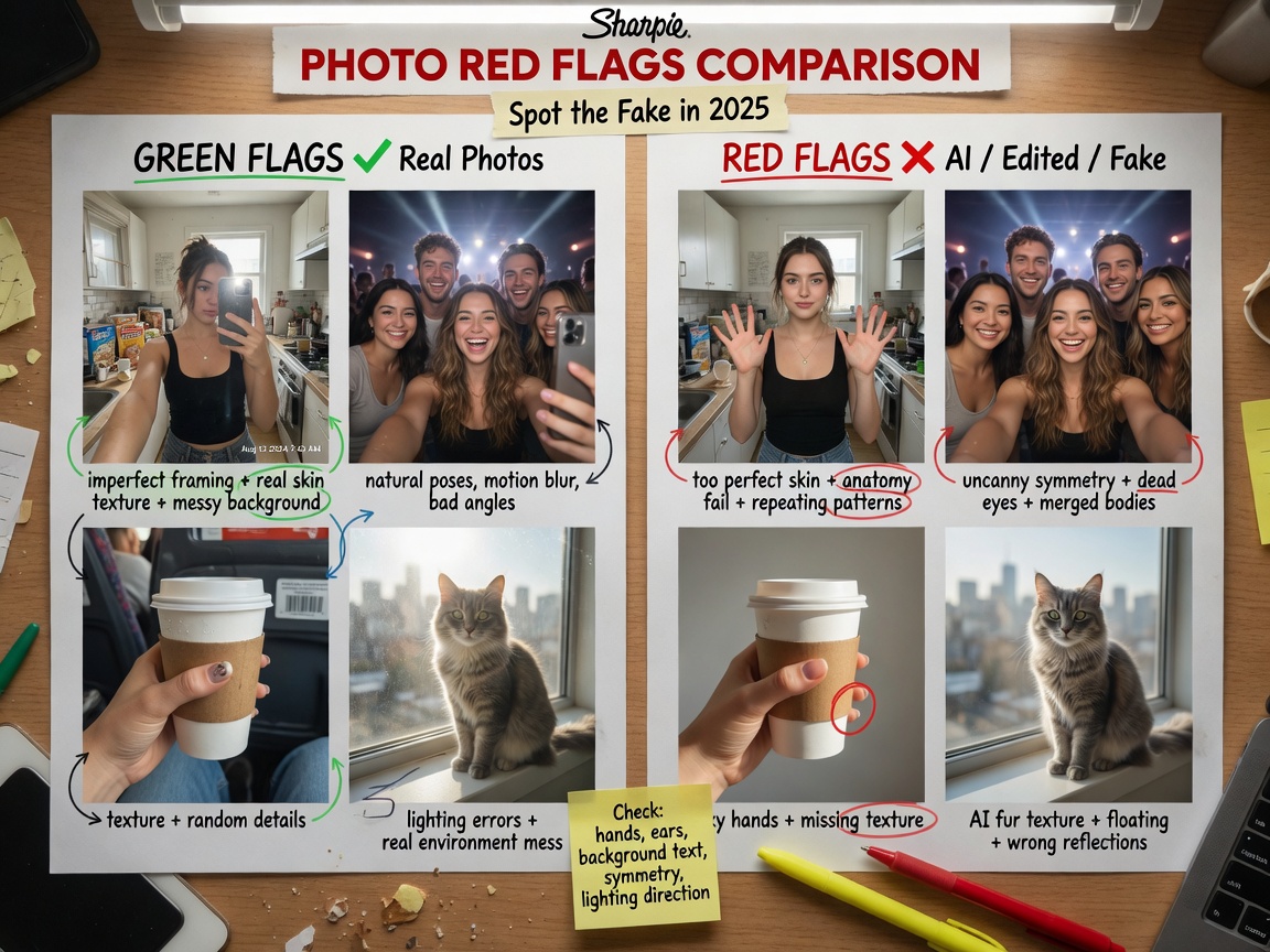 ** Side-by-side comparison showing manipulated before-and-after photos with callouts of lighting