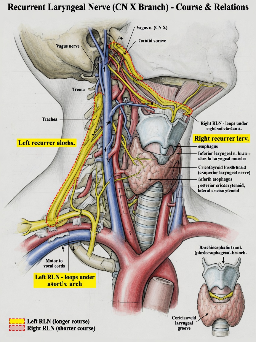 ** Diagram showing the course of the recurrent laryngeal nerve near the thyroid gland