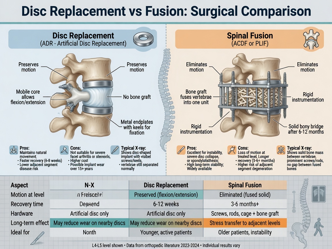 ** Side‑by‑side comparison of disc replacement and spinal fusion features including goal