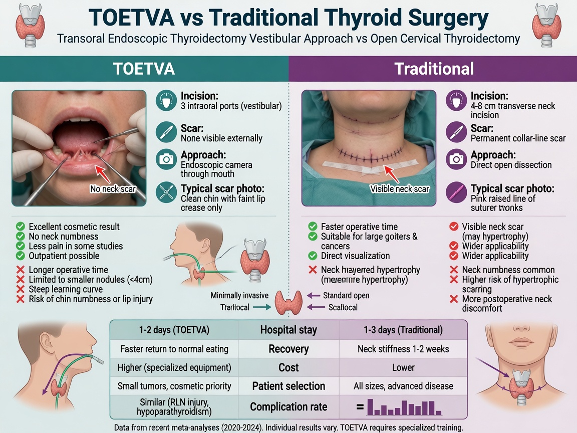 ** Side-by-side illustration comparing TOETVA (scarless