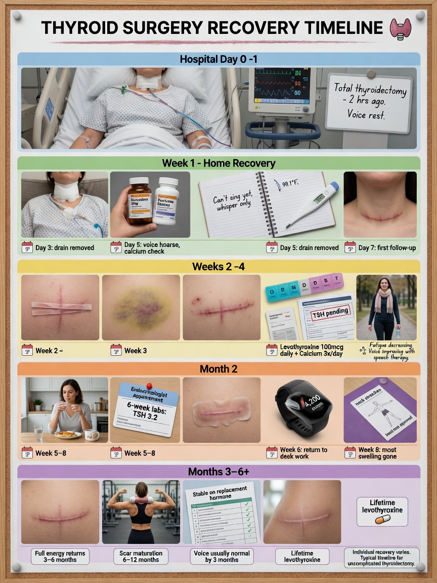 ** Timeline infographic showing recovery milestones from day 1 to week 4 after thyroid surgery