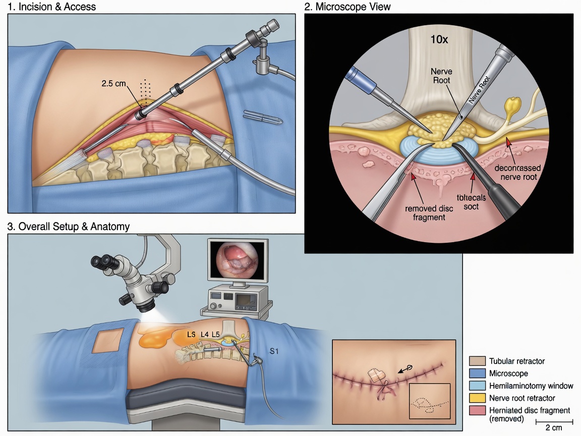 ** Diagram showing microdiscectomy procedure removing a small piece of herniated disc to relieve nerve root pressure