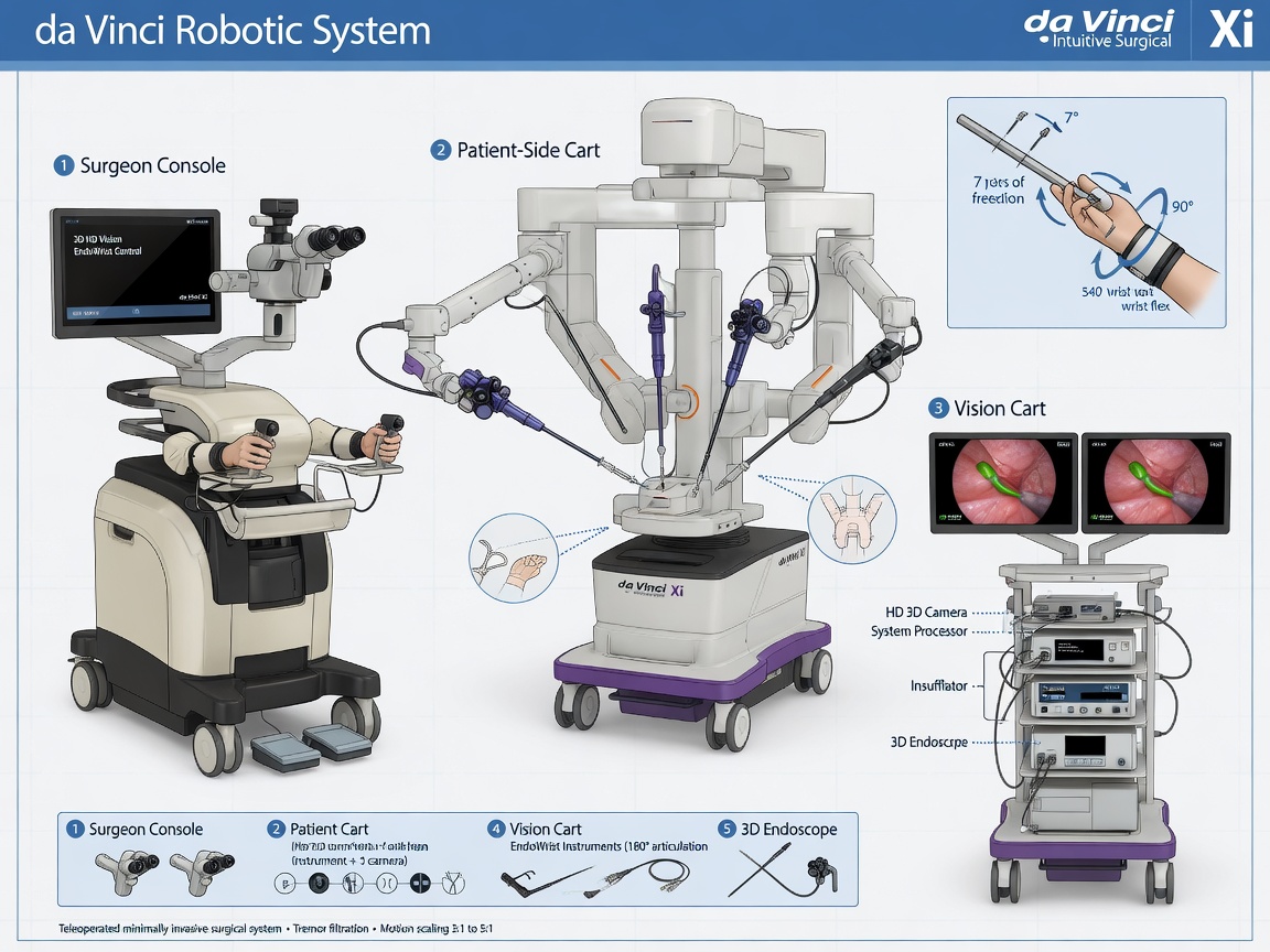 ** Diagram of the da Vinci robotic system components and surgeon console for robotic prostatectomy