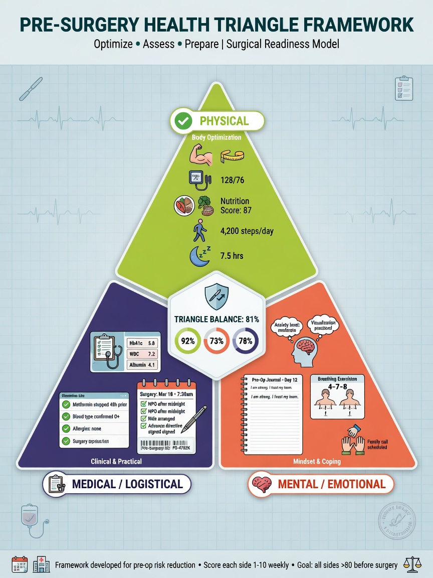 ** Pre-surgery health optimization framework showing three interconnected pillars: BMI weight loss