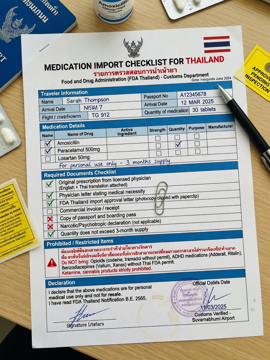 ** Checklist infographic of documents and steps to legally bring pain medication into Thailand for post-surgery recovery