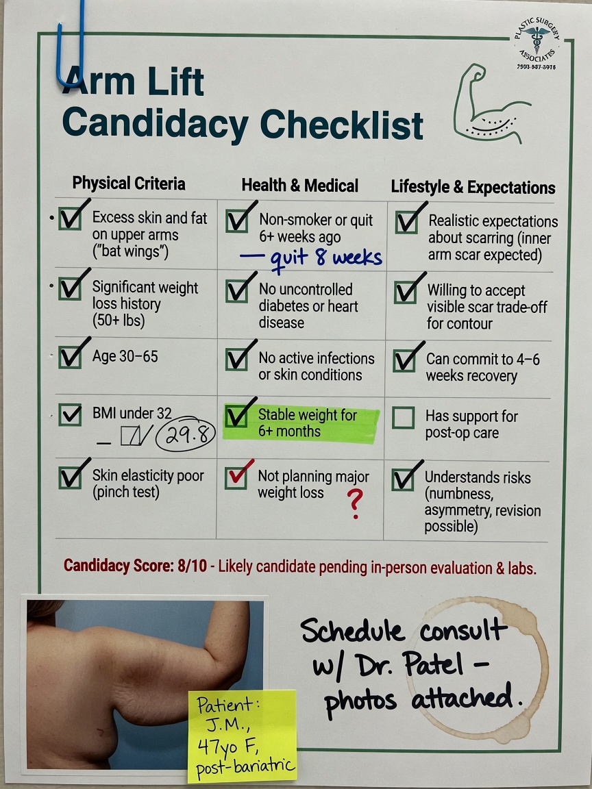** Arm lift candidacy checklist: weight stability