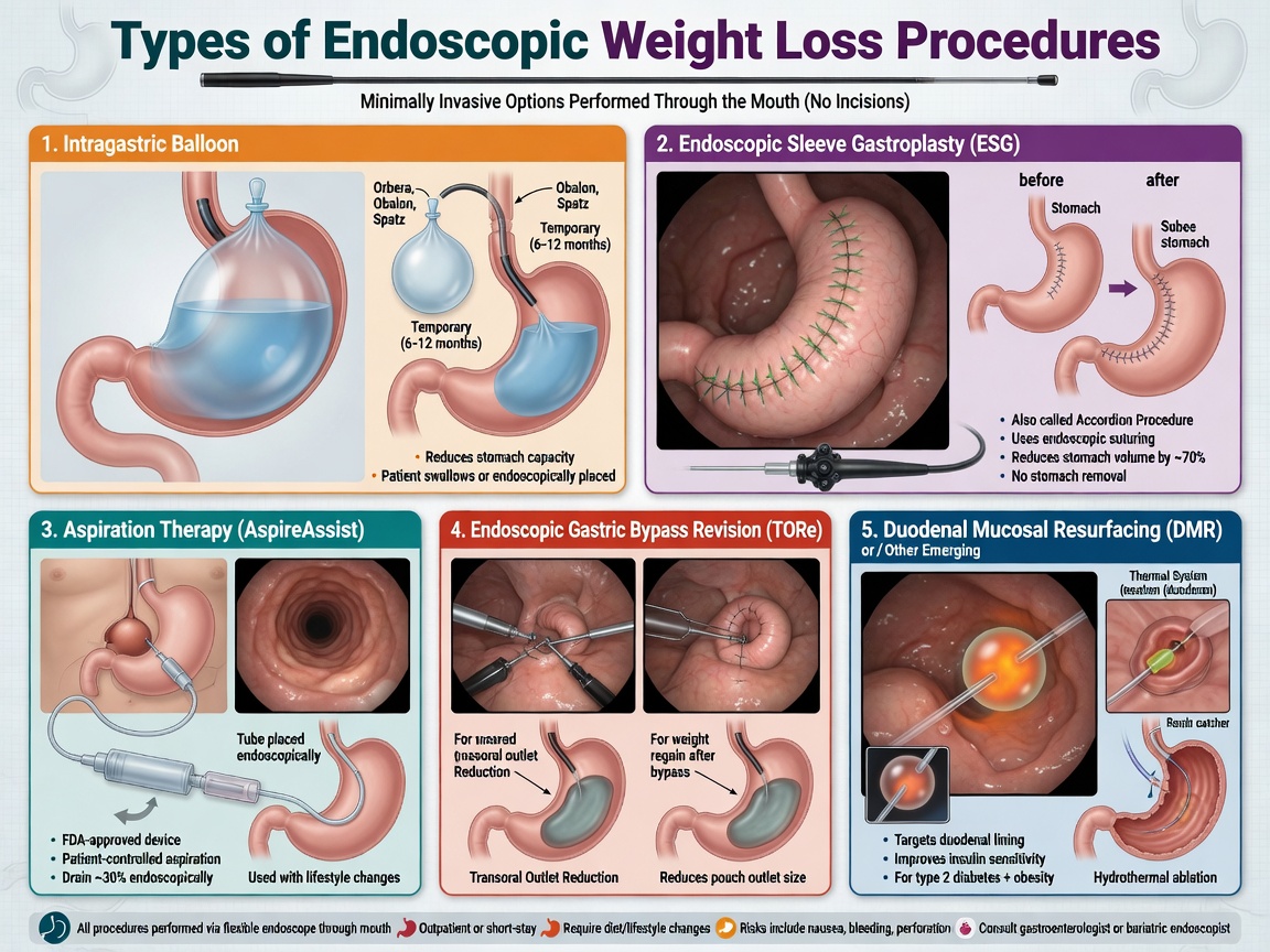 ** Types of endoscopic weight loss procedures infographic showing IGB and ESG placement