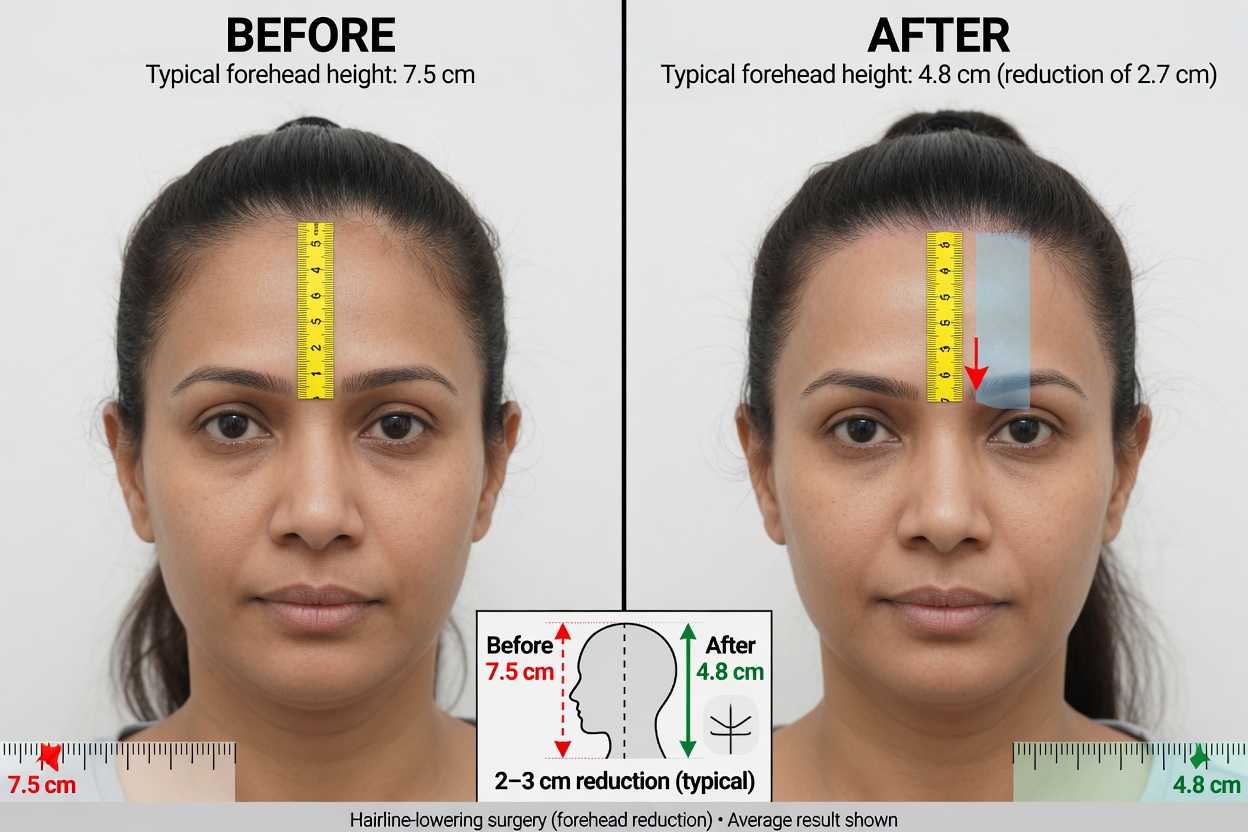 ** Before and after photos of forehead reduction surgery Thailand showing reduced forehead height and natural hairline