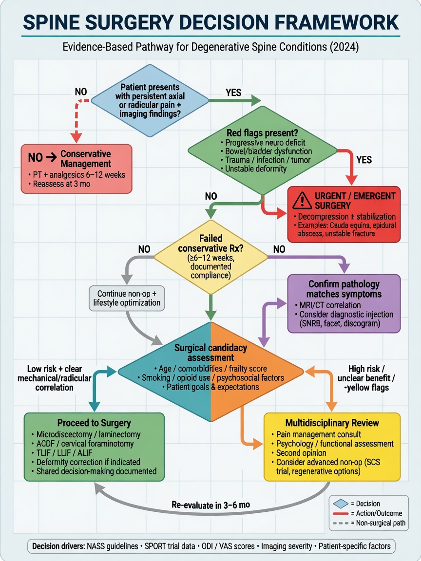 ** Spine surgery decision flowchart showing steps from symptoms to surgical candidacy