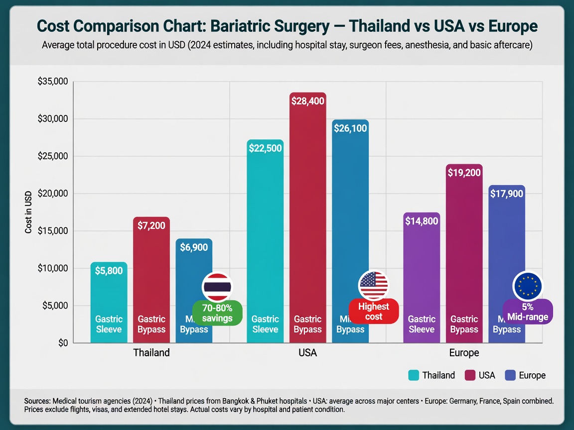 ** Bar chart comparing average costs of gastric bypass and sleeve gastrectomy across regions
