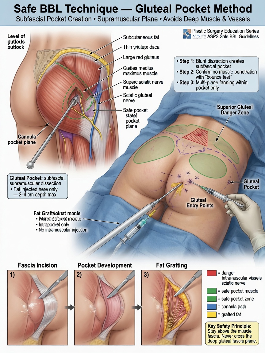 ** Anatomical diagram showing the safe subfascial plane for fat injection during BBL to avoid blood vessels