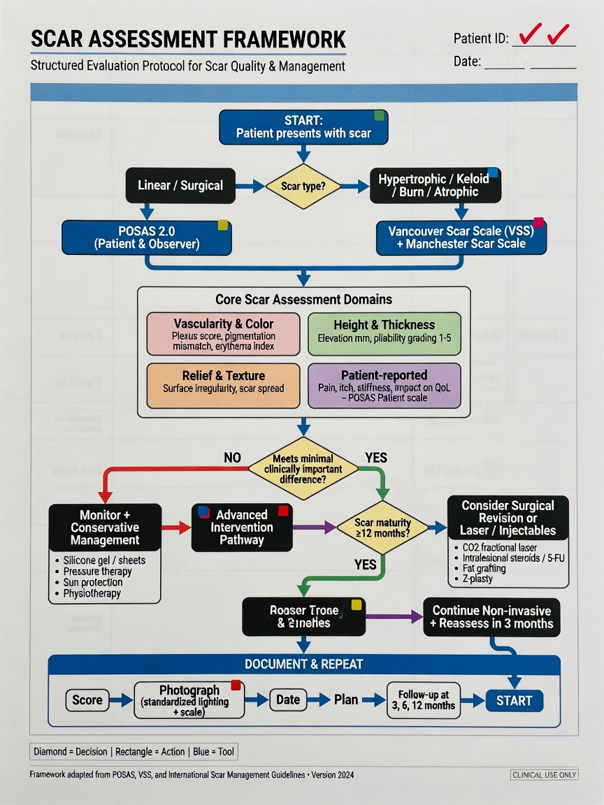 ** Flowchart showing decision steps for scar revision in Thailand: scar type → age → budget → treatment recommendation