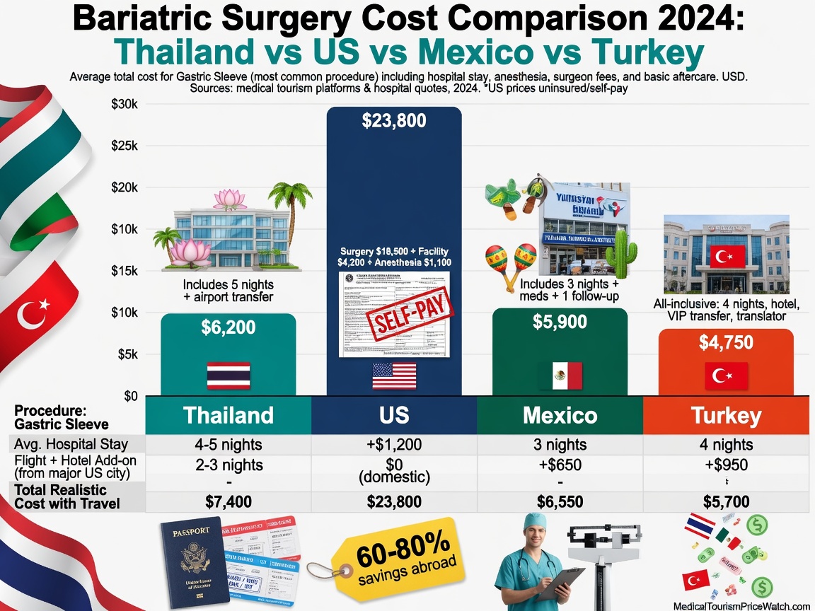 ** Cost comparison bar chart for gastric bypass across countries