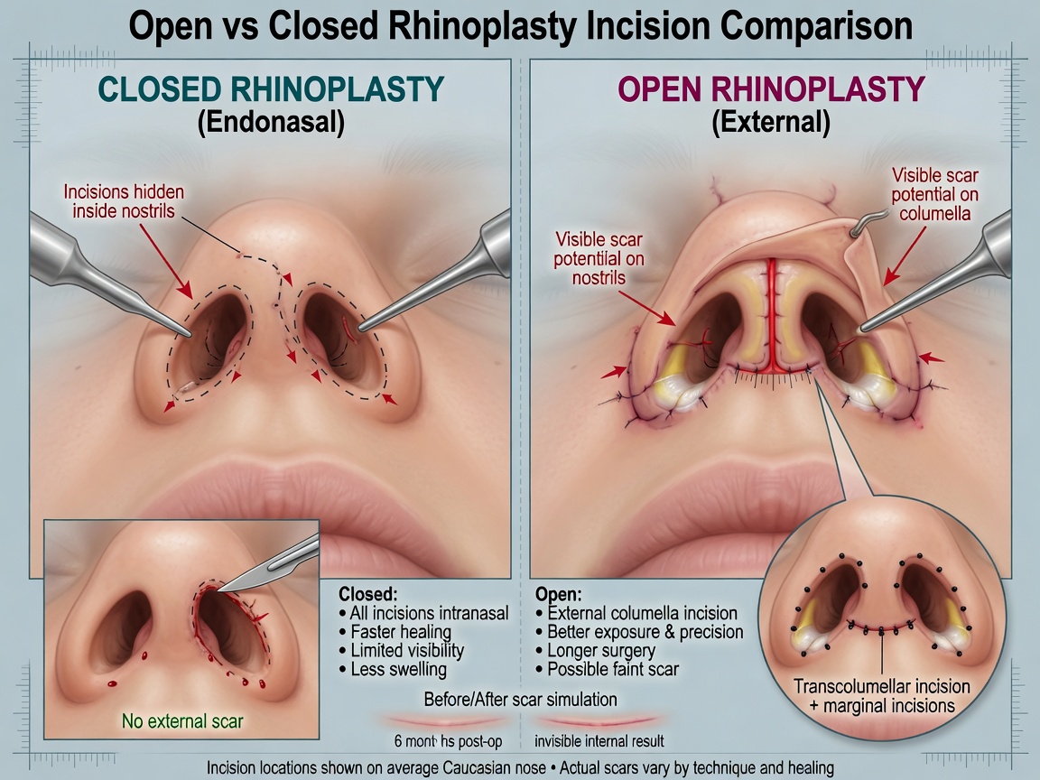 ** Diagram comparing open rhinoplasty incision on columella versus closed incisions inside nostrils