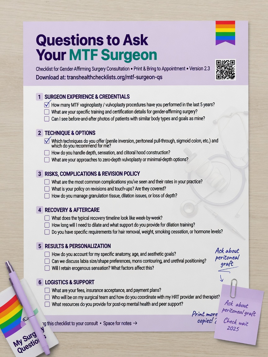 ** Printable checklist of essential consultation questions for MTF bottom surgery