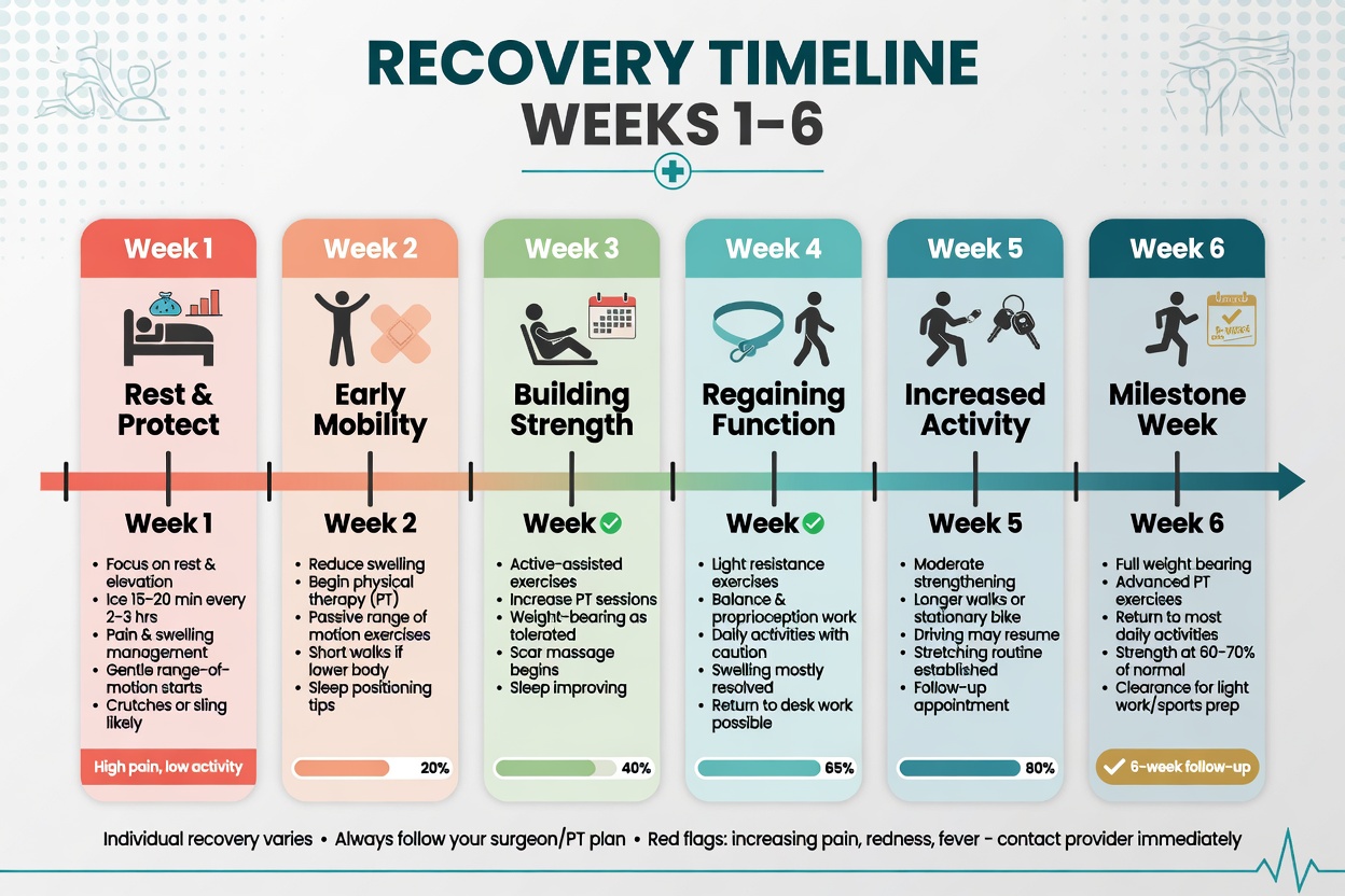 ** Infographic showing bariatric surgery recovery stages from hospital to travel clearance
