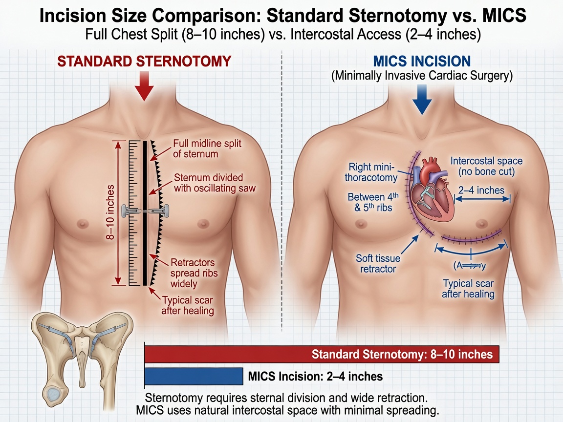** Illustration comparing open-heart surgery incision (8–10 inches) with MICS incision (2–4 inches) for minimally invasive heart surgery