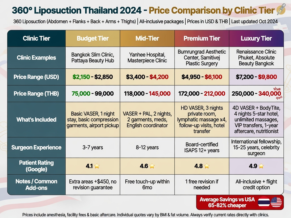 ** 360 liposuction Thailand cost comparison table with budget to premium clinic options