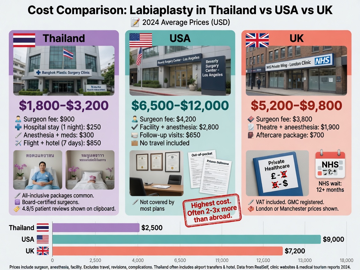 ** Bar chart comparing labiaplasty costs in Thailand ($2