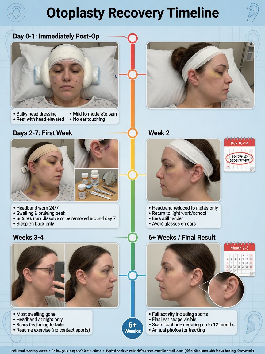** Week-by-week recovery timeline for ear pinning surgery showing when to return to work