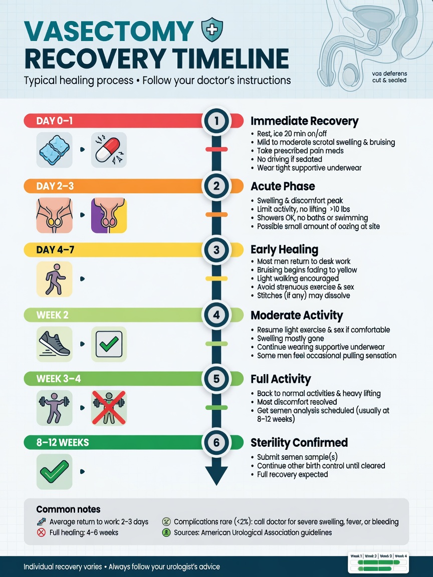 "Infographic showing vasectomy recovery timeline day by day