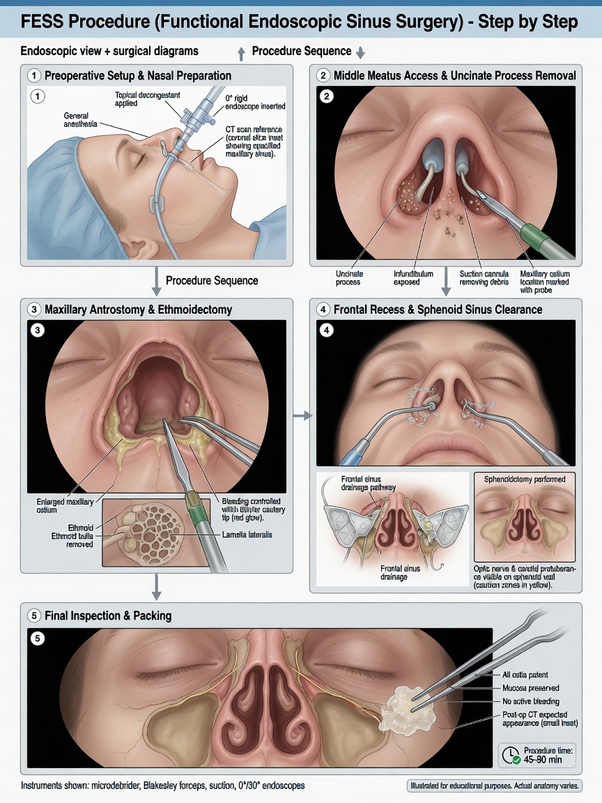 ** Diagram showing endoscope insertion through nostril into blocked sinus cavity