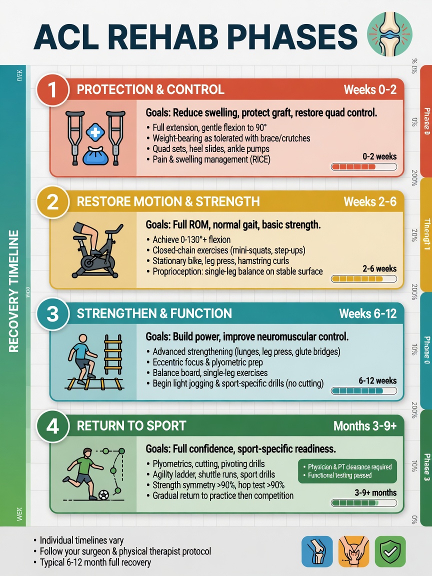 ** "ACL rehabilitation timeline infographic showing four phases from weeks 1 to 36 with exercise milestones"