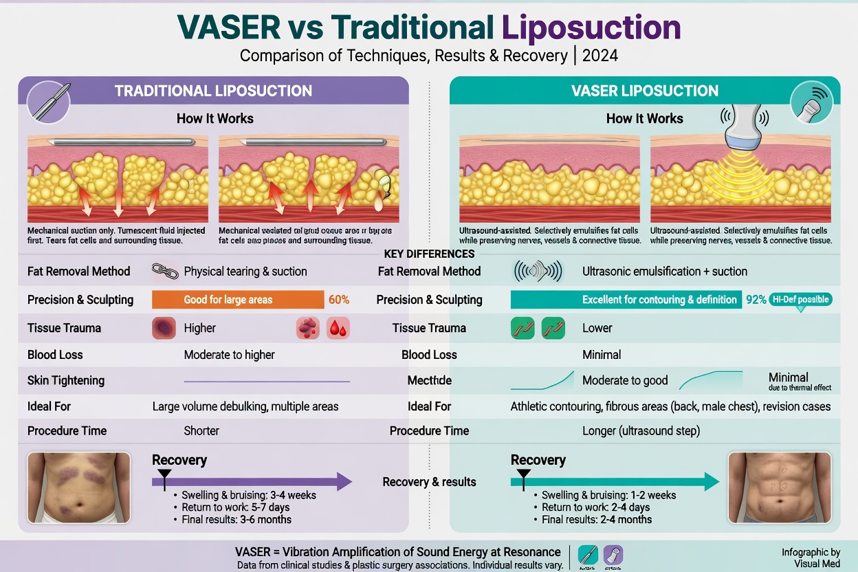 ** Comparison infographic showing VASER and traditional liposuction mechanisms and recovery differences