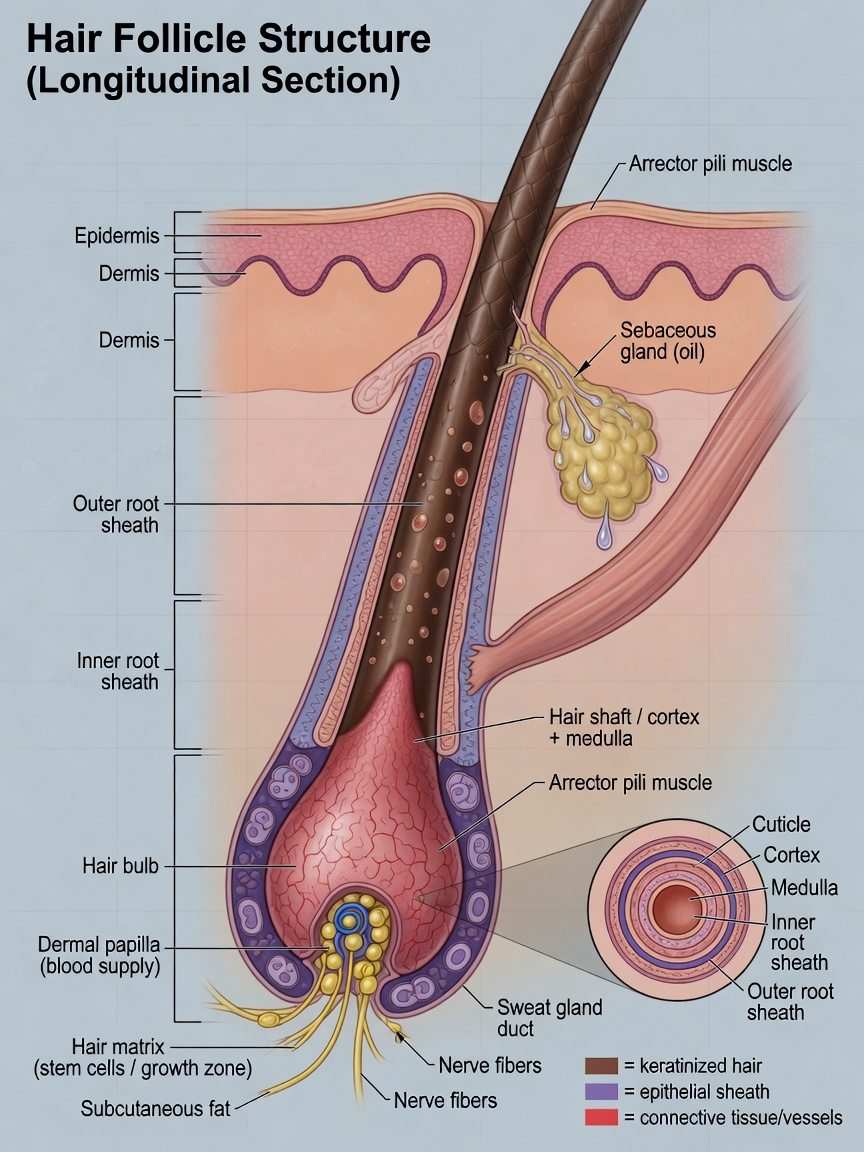 Diagram showing hair follicle structure and phases of growth