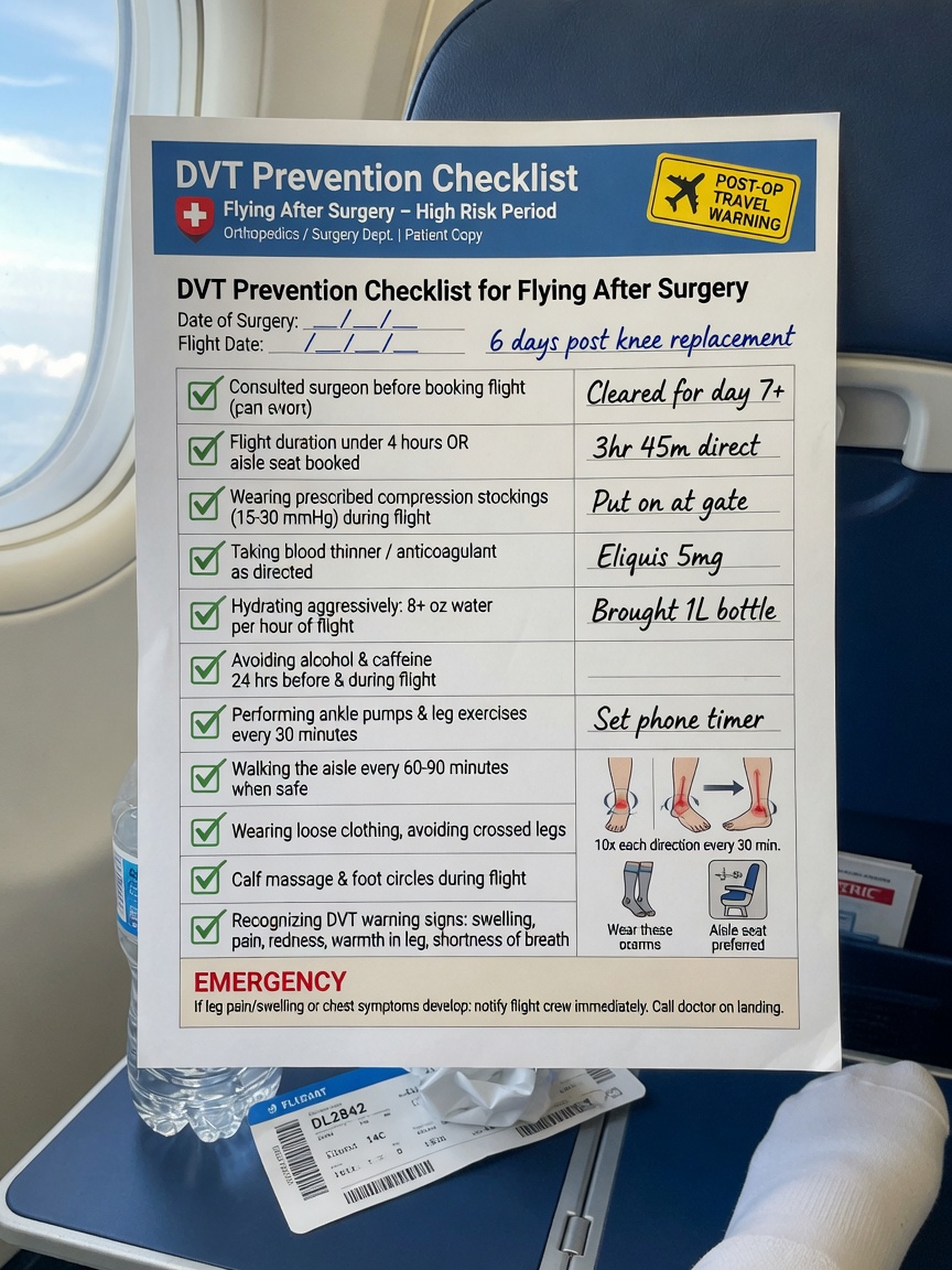 ** Infographic checklist for DVT prevention: compression socks