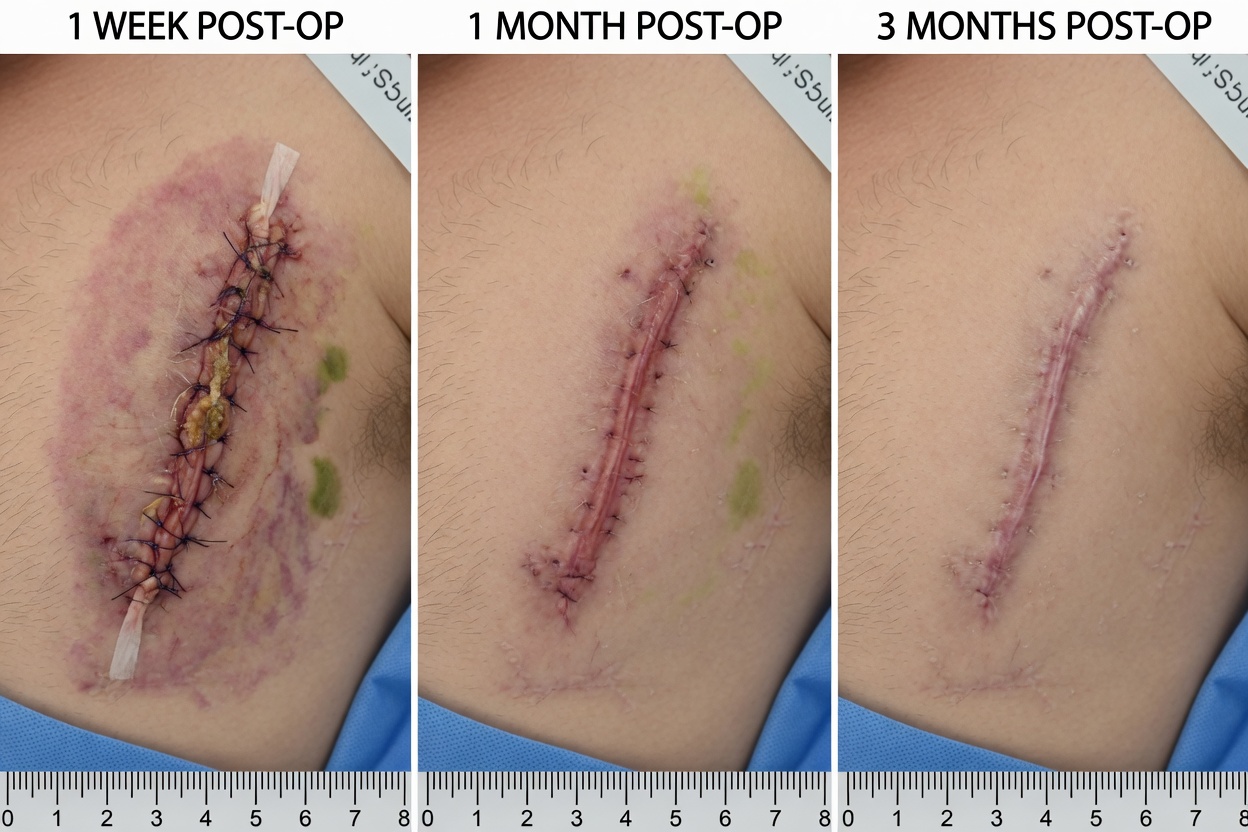 ** Series of three photos showing MICS scar progression from fresh incision to faint healed scar over 3 months