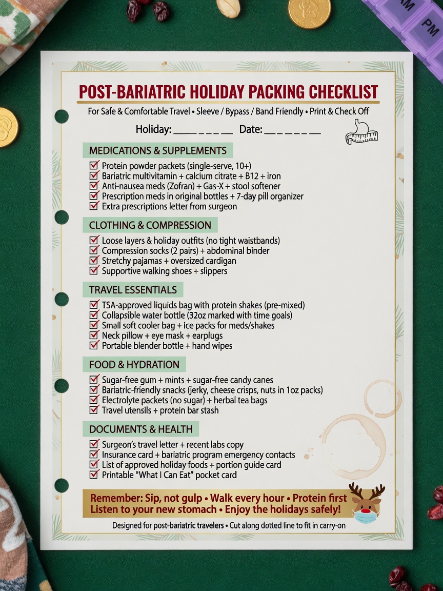 ** Printable checklist for post‑bariatric surgery travel packing essentials