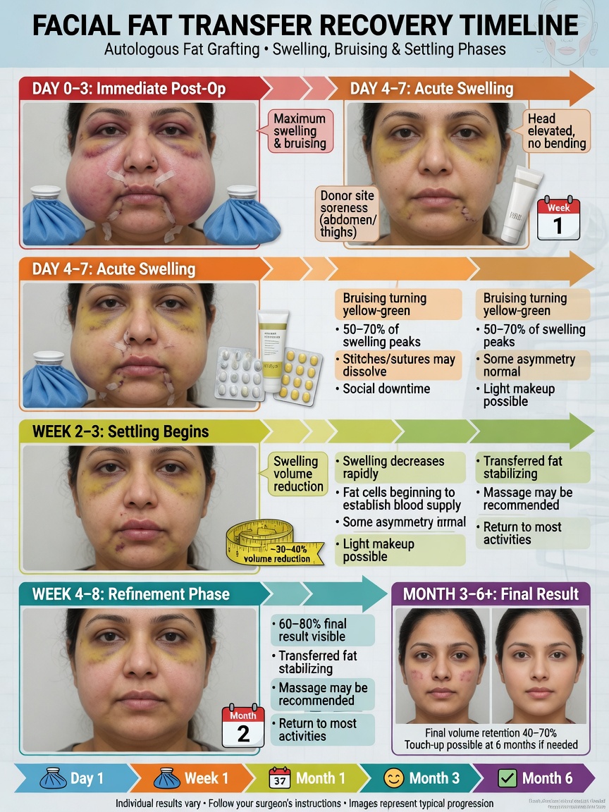 ** Infographic showing recovery timeline for facial fat transfer in Thailand with week-by-week milestones