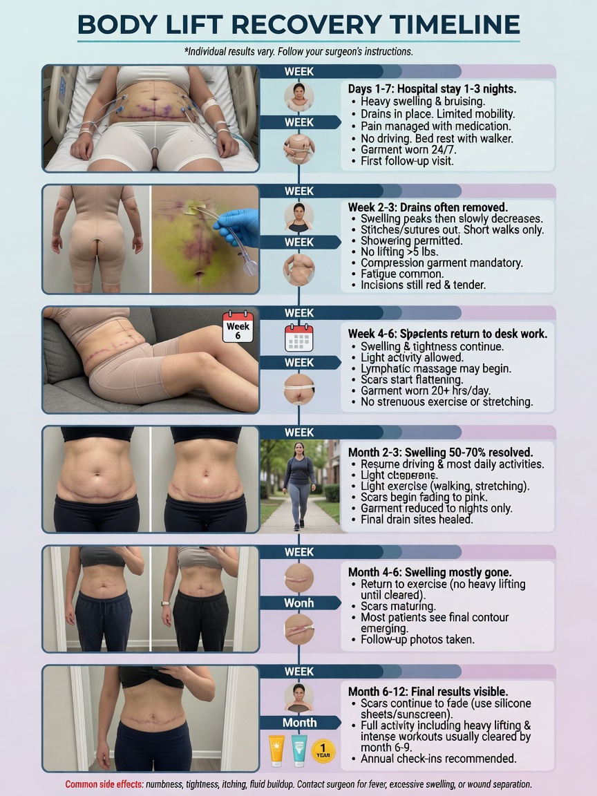 ** Week-by-week visual timeline showing key milestones from hospital stay at week 1 to return to normal activities by week 8