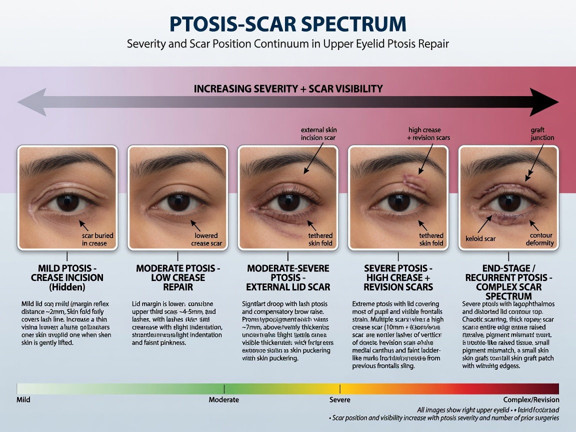 ** Illustration showing three ptosis grades linked to periareolar