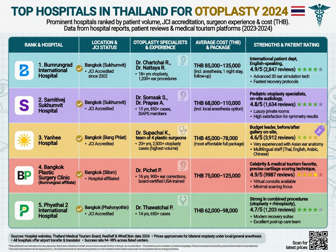 ** Comparison chart of top JCI-accredited hospitals in Thailand for ear pinning surgery showing cost