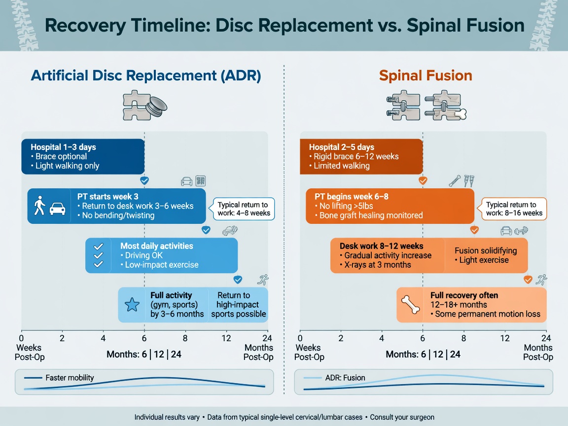 ** Comparison chart of recovery milestones for disc replacement and spinal fusion by weeks