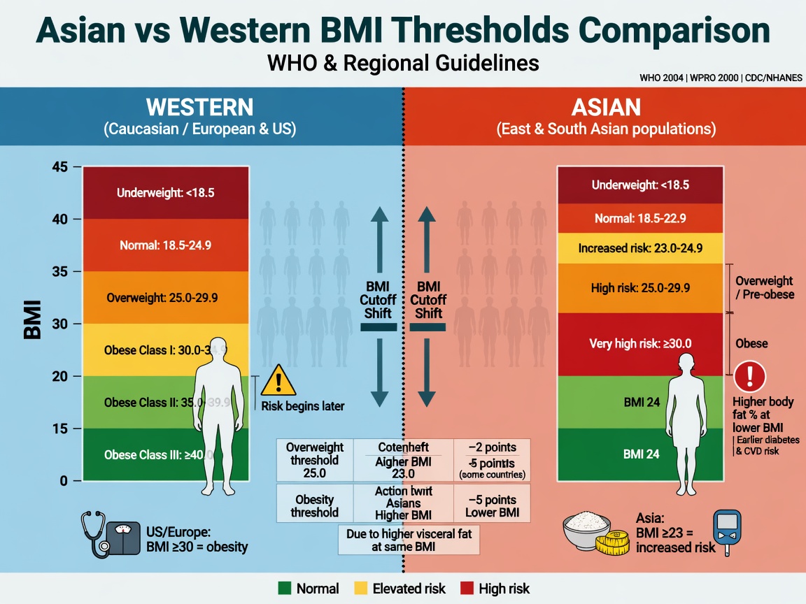 ** "Comparison chart of Western and Asian BMI thresholds for bariatric surgery: Western overweight at BMI≥25