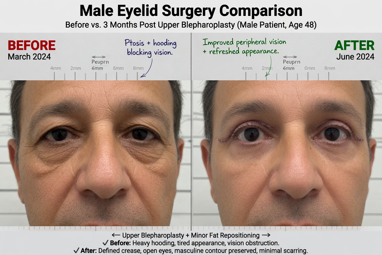 ** Male patient before and after upper blepharoplasty in Thailand showing natural