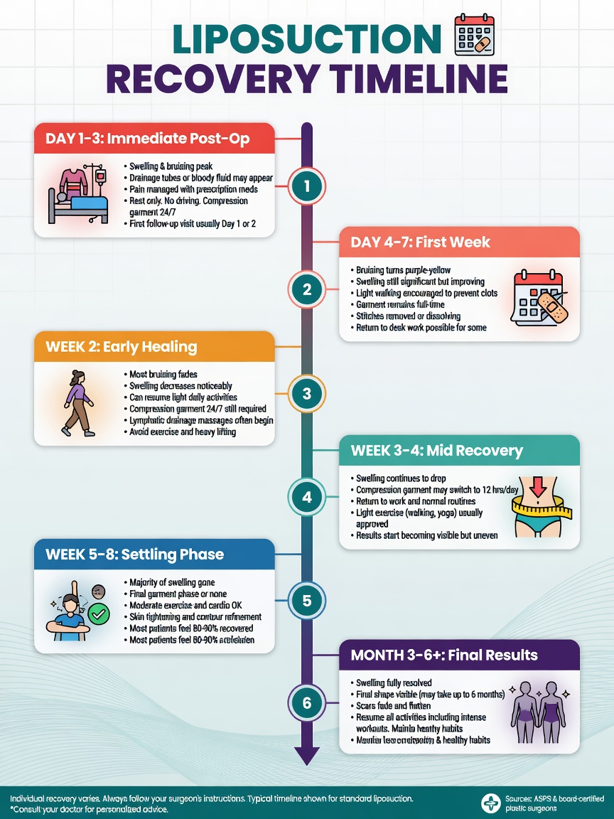 ** Infographic showing week-by-week recovery timeline after liposuction