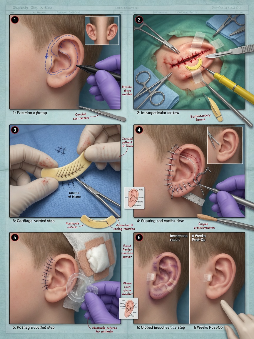 ** Diagram showing otoplasty ear pinning technique with incision placement