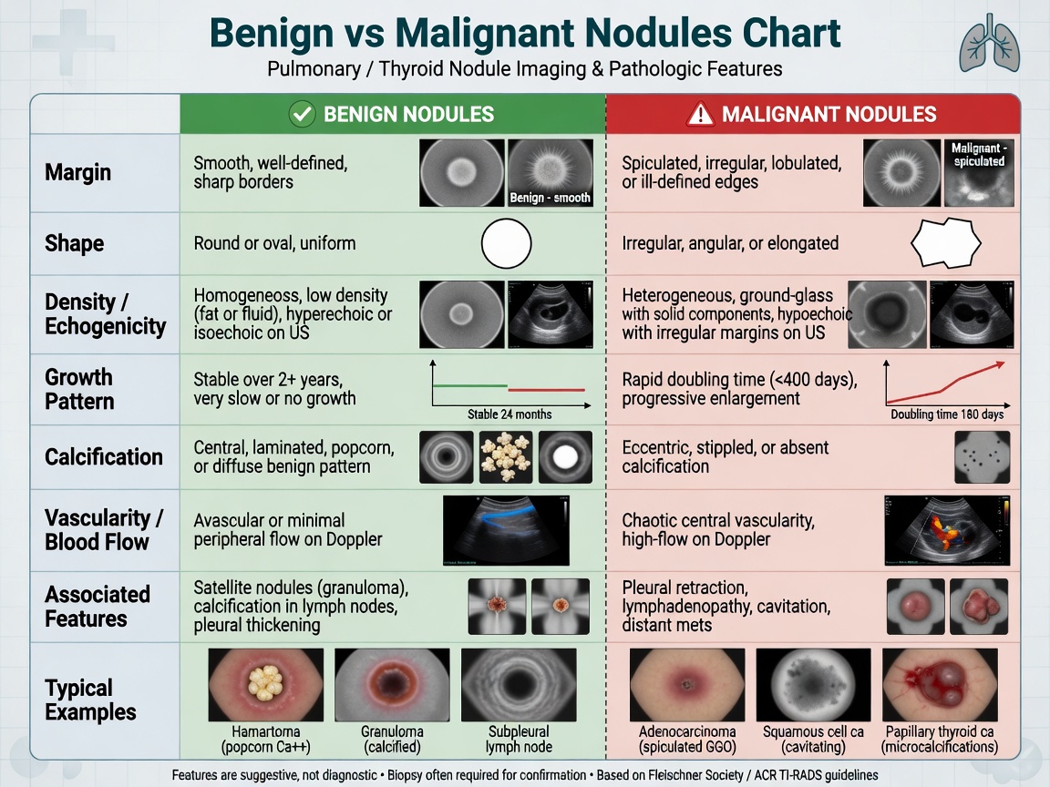 ** Diagram comparing characteristics of benign versus malignant thyroid nodules